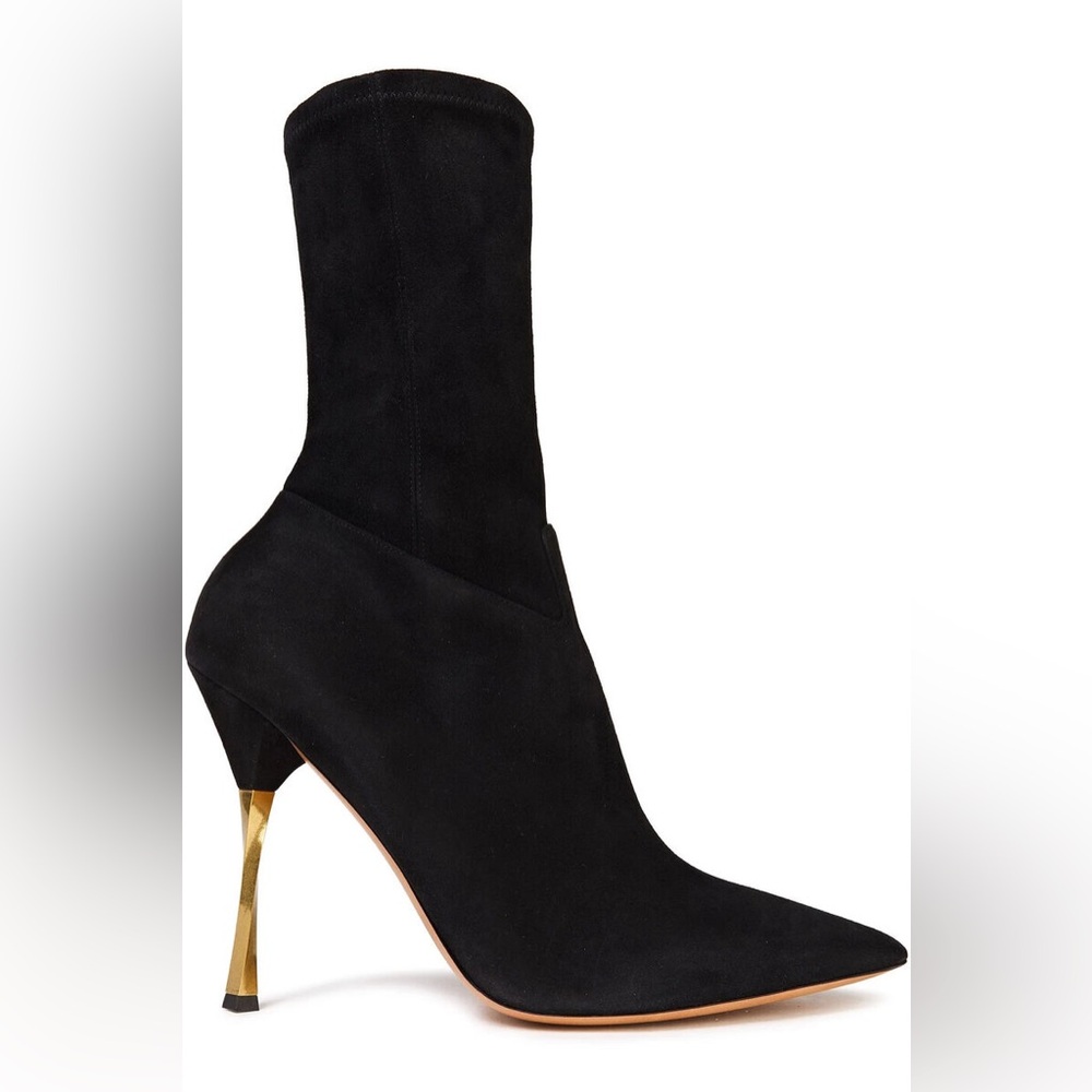 Valentino Stretch Suede Twisted gold heel Bootie 100% authentic
